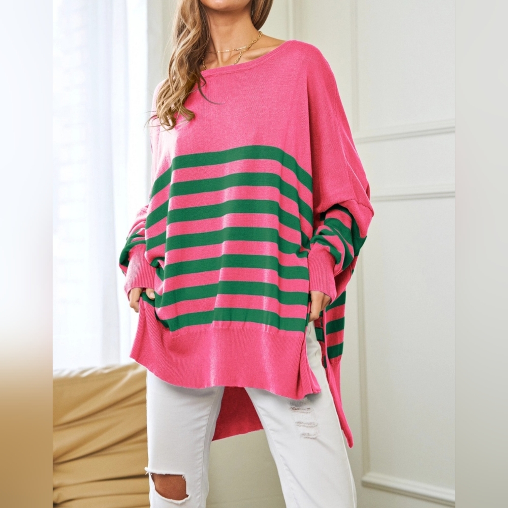 #207 🛑48 L FINAL PRICE Multi Striped Elbow Patch Loose Fit Sweater Top - Picture 10 of 10